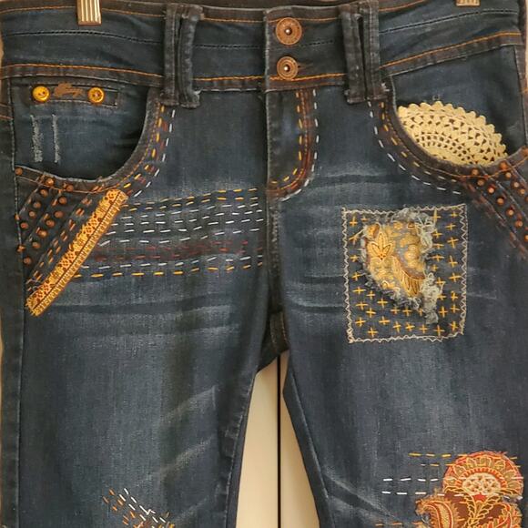 Upcycled Reworked Bonage Jeans Unique Boho Size 11 - Picture 3 of 9